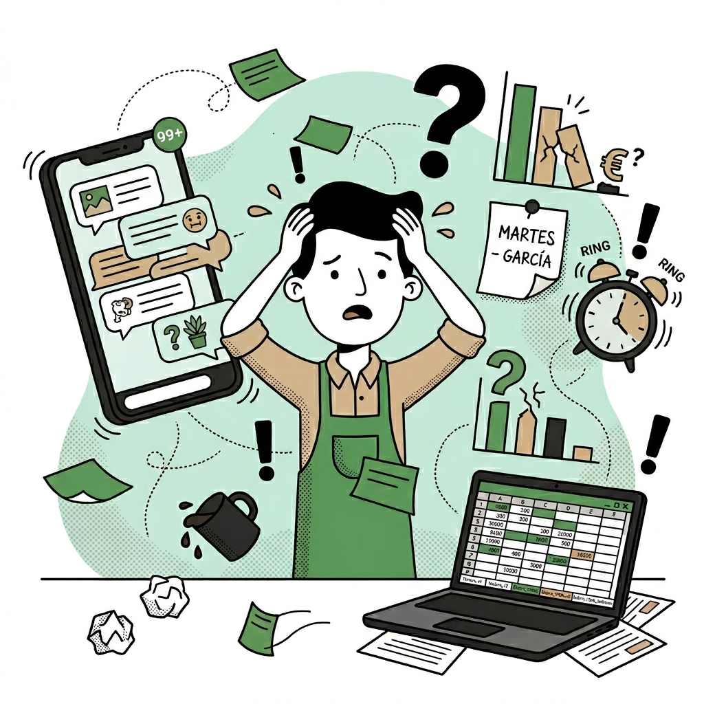 Jardinero agobiado con WhatsApp, Excel y papeles sin orden